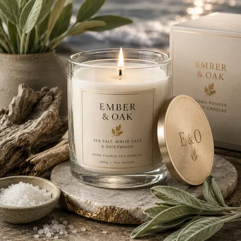 Ember & Oak candle, product shot one