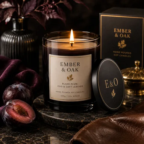 Ember & Oak candle, product shot two