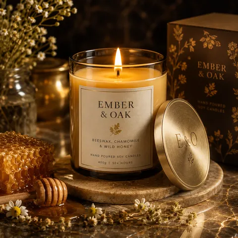Ember & Oak candle, beeswax, chamomile and wild honey