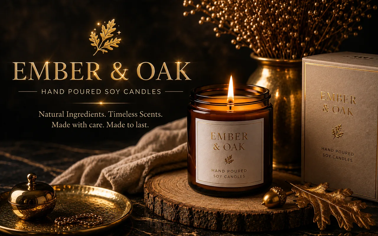 Ember & Oak — hand-poured soy candles; a lit amber jar beside its gift box on a dark marble table