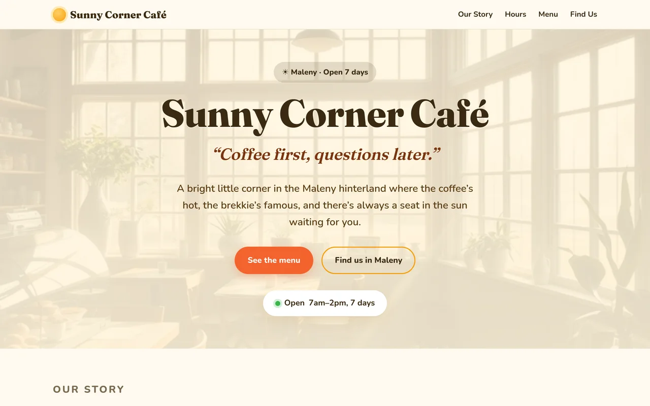 Sunny Corner Cafe — warm single-pager for a Maleny cafe